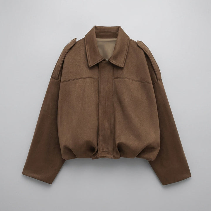 Brown Cropped Suede Bomber Jacket flat lay front