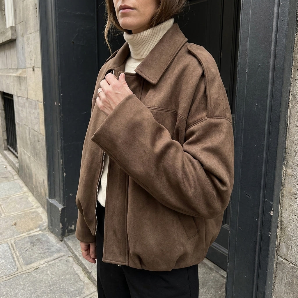 Brown Cropped Suede Bomber Jacket worn detail