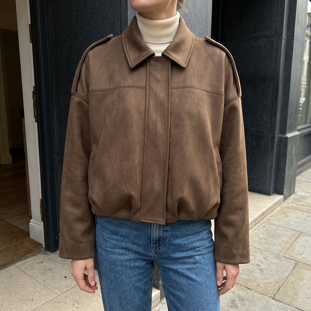 Brown Cropped Suede Bomber Jacket worn lifestyle