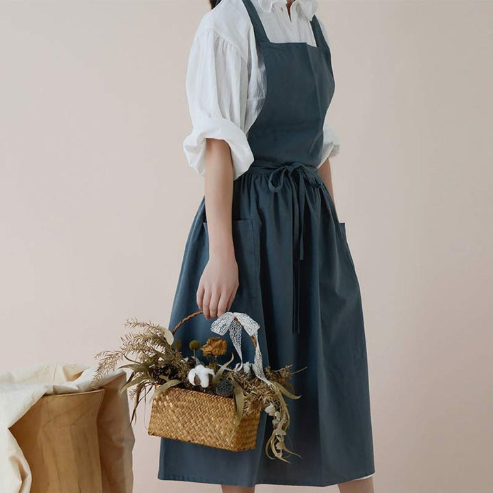 Cross-Back Cotton Kitchen Apron in a kitchen setting