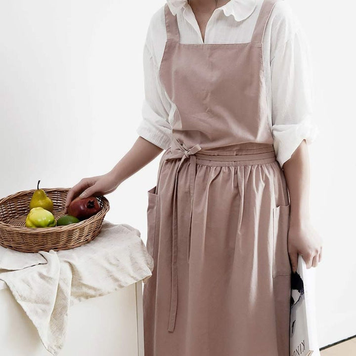 Cross-Back Cotton Kitchen Apron hem and stitching detail