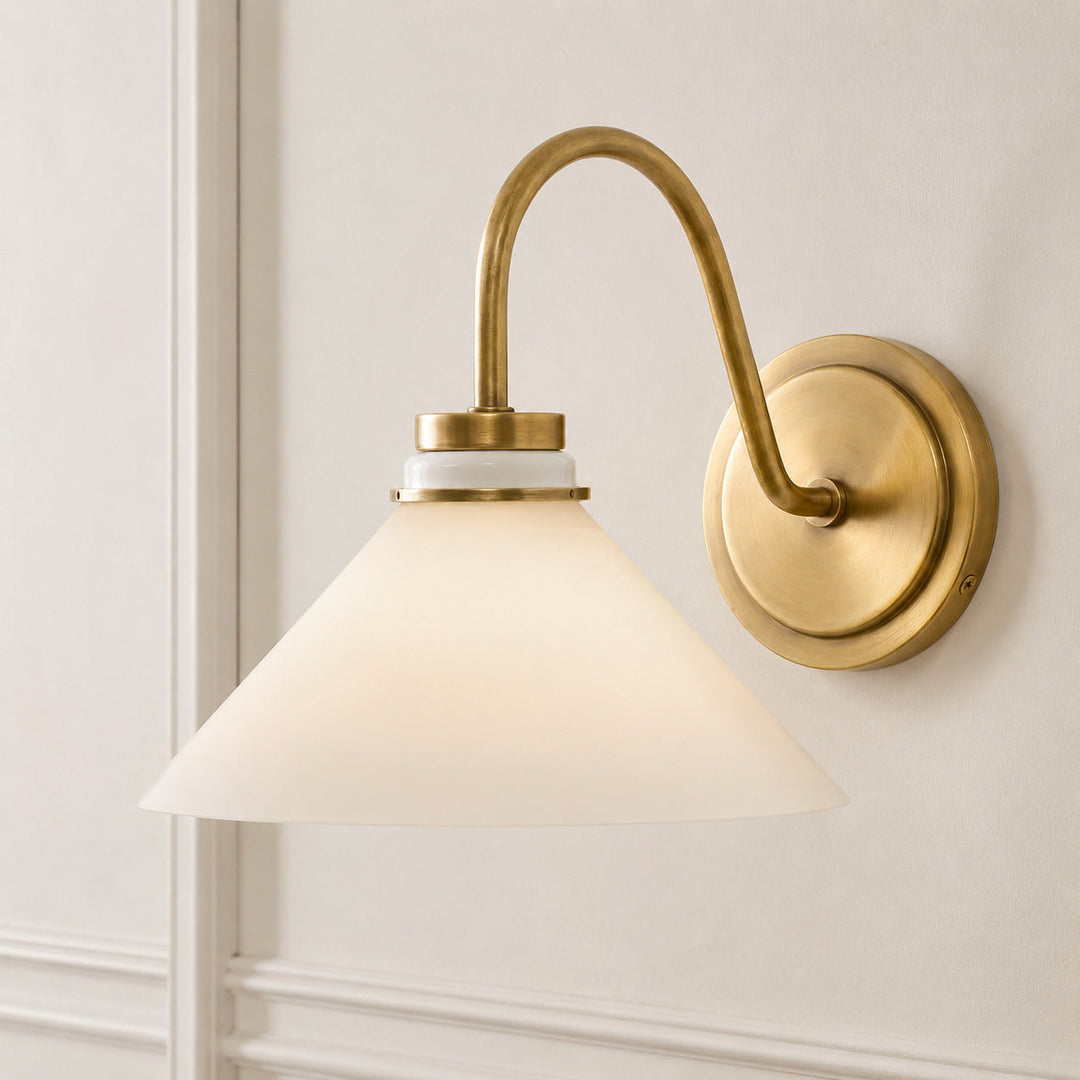 Milk Glass Curved Arm Cone Wall Sconce, front view