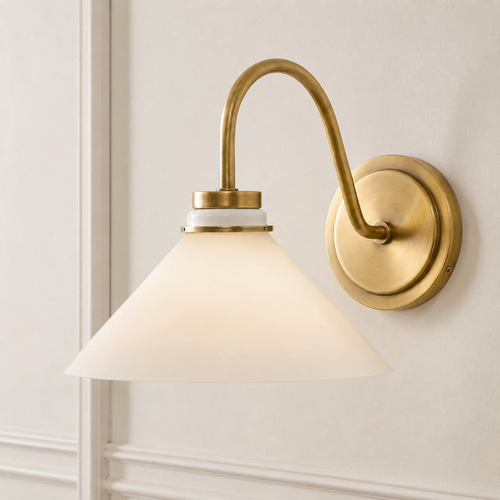 Milk Glass Curved Arm Cone Wall Sconce, front view