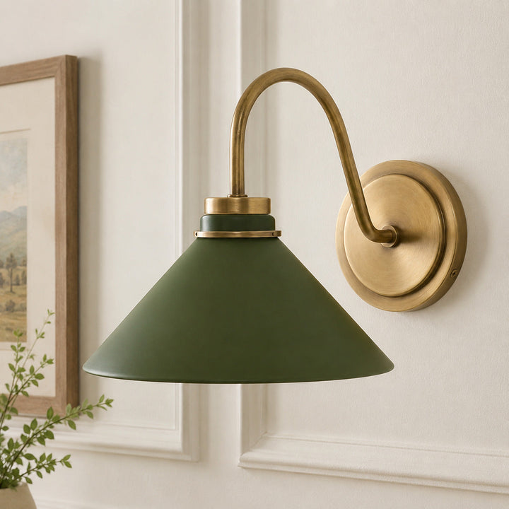 Dark Olive Curved Arm Cone Wall Sconce, front view