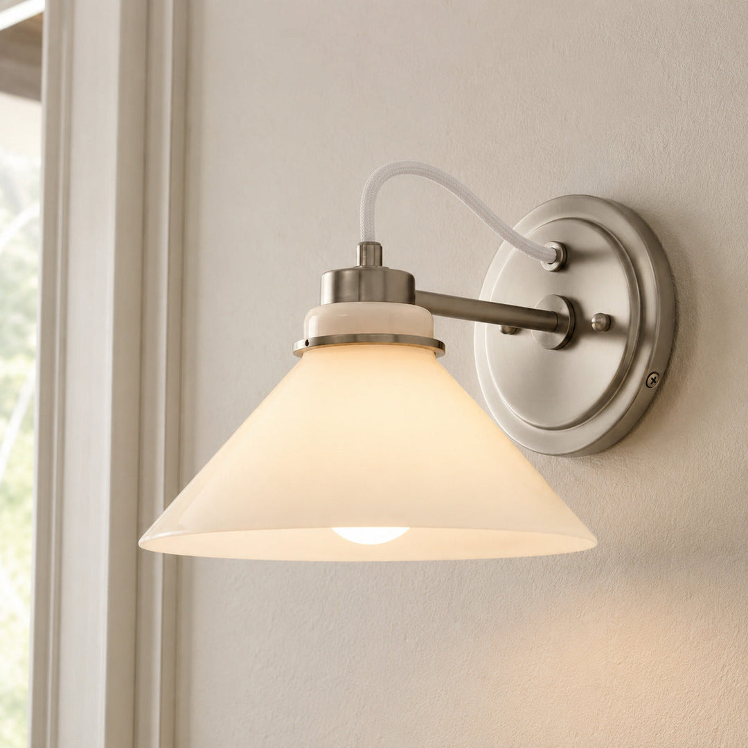 Milk Glass Curved Arm Cone Wall Sconce, angled view