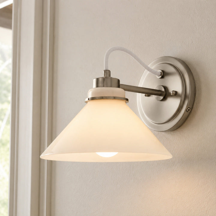 Milk Glass Curved Arm Cone Wall Sconce, angled view