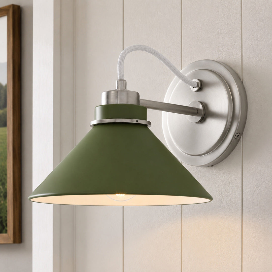Dark Olive Curved Arm Cone Wall Sconce, angled view