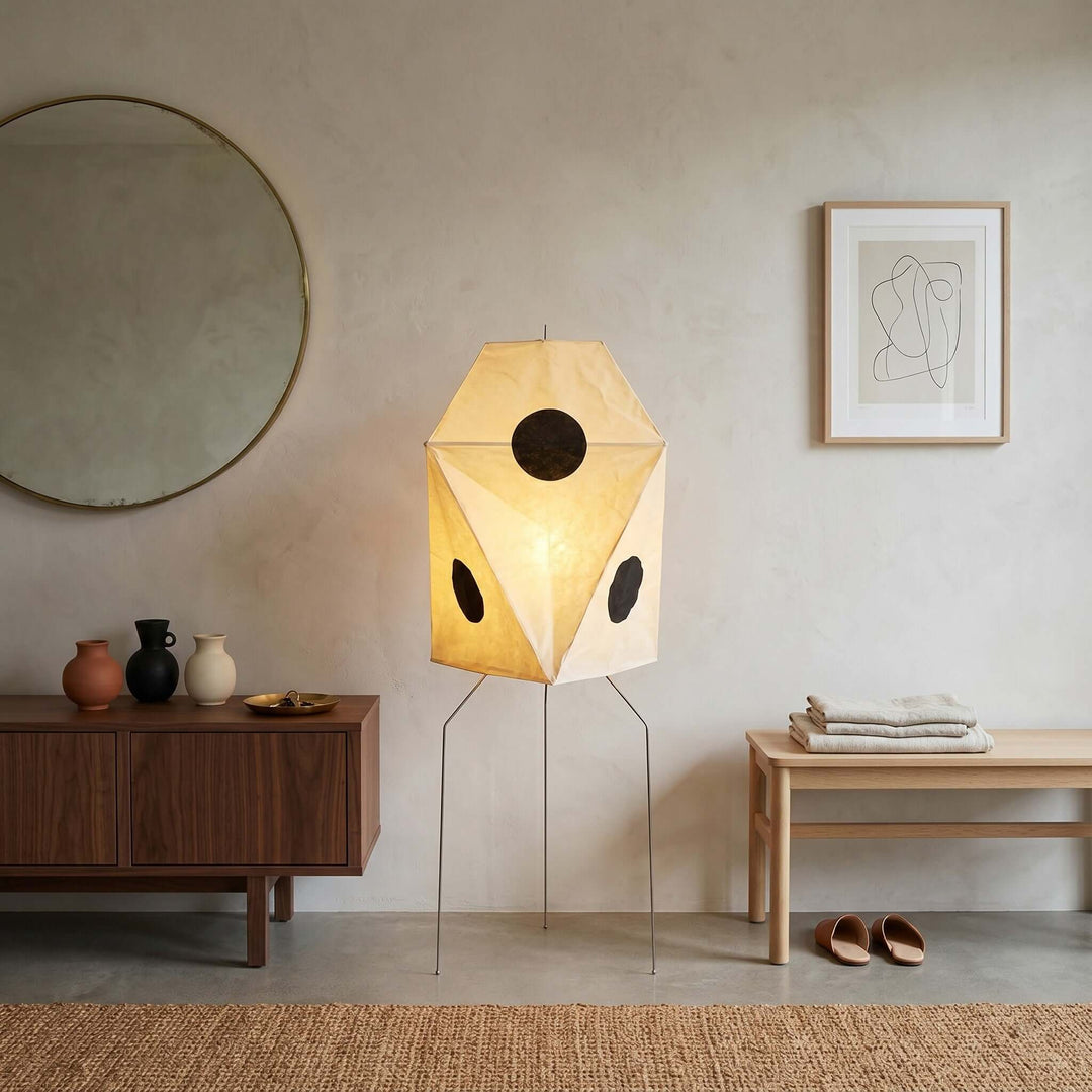 White Cutout Rice Paper Floor Lamp illuminated