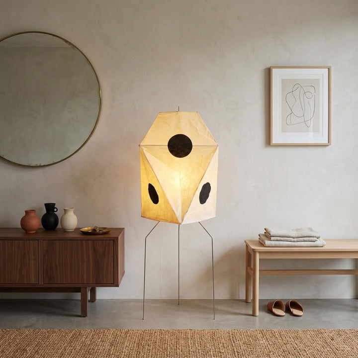 White Cutout Rice Paper Floor Lamp illuminated