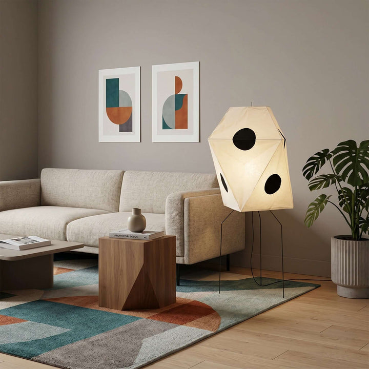 White Cutout Rice Paper Floor Lamp in room setting