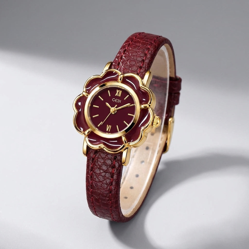 Red Dainty Flower Watch with Leather Strap three-quarter view