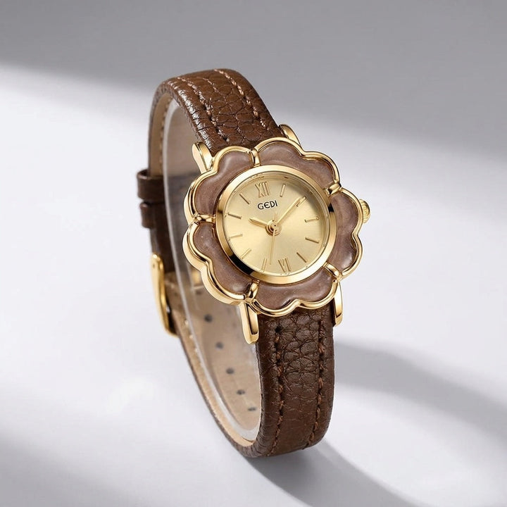 Brown Dainty Petal Case Leather Watch three-quarter view