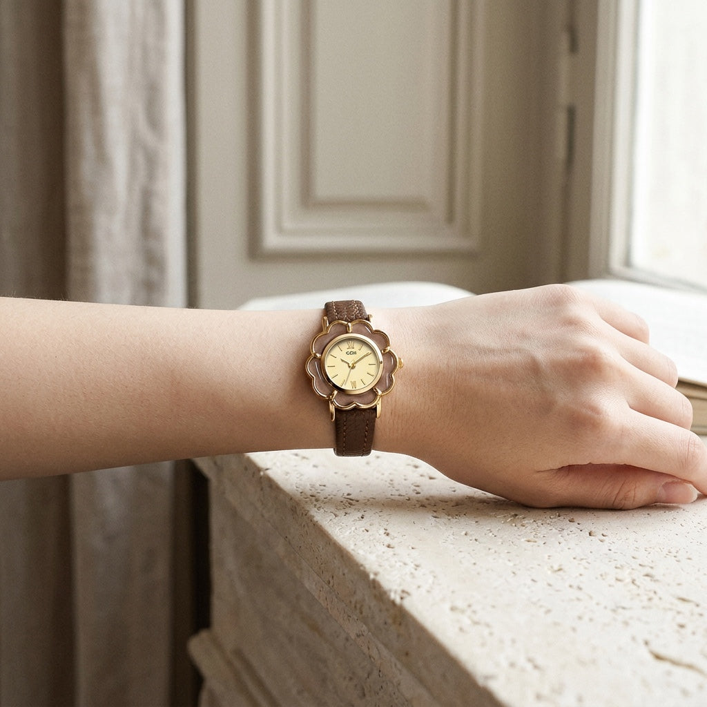 Brown Dainty Petal Case Leather Watch lifestyle