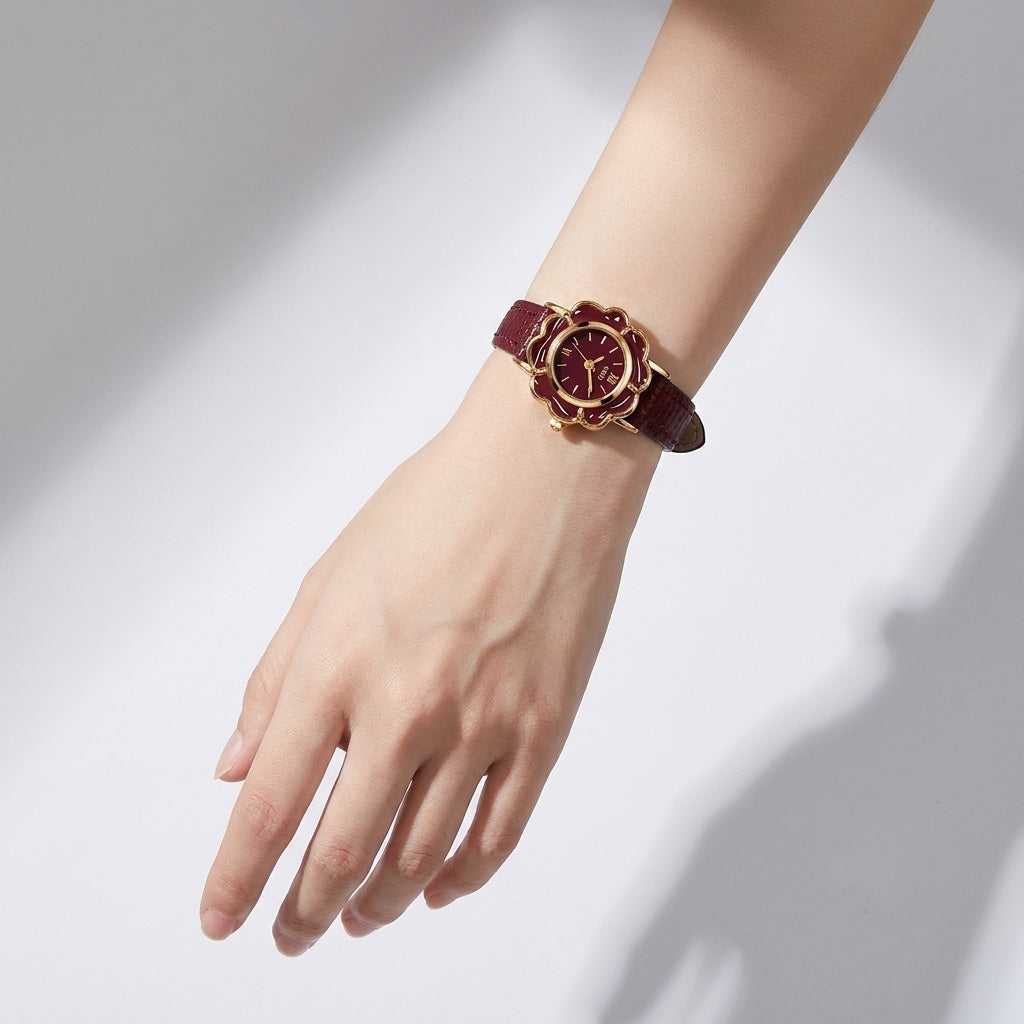 Red Dainty Petal Case Leather Watch worn on wrist