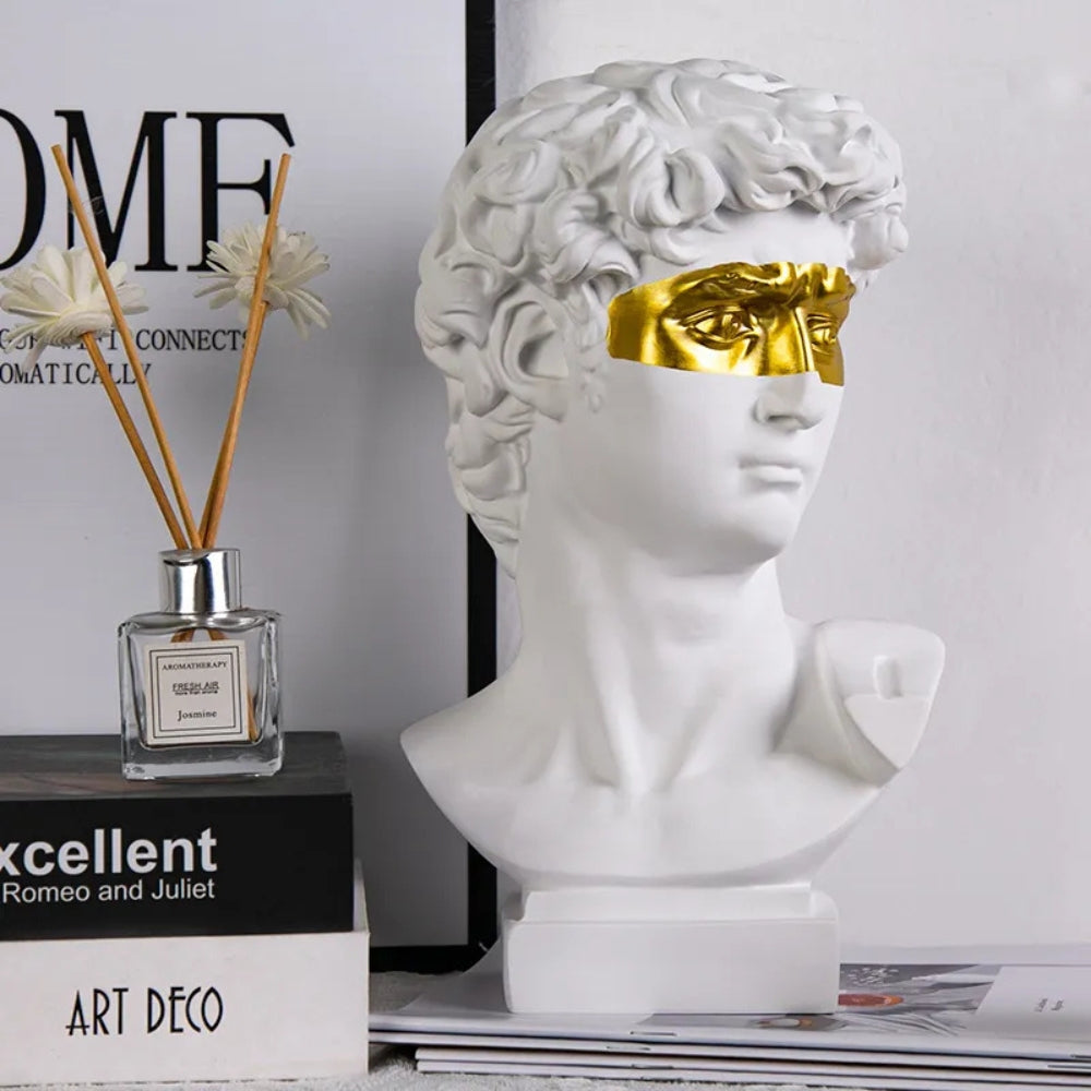 White David Bust Sculpture with gold eye mask lifestyle