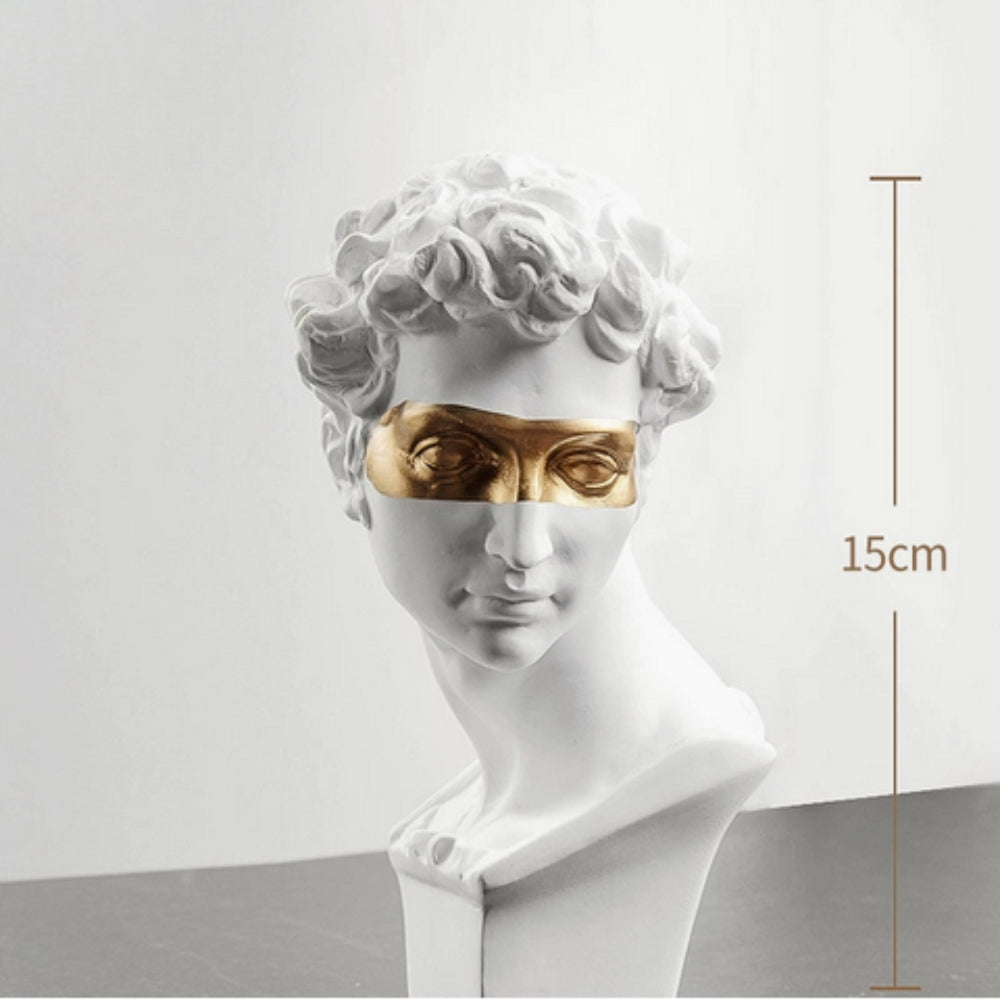 White David Bust Sculpture with gold eye mask 15cm size view
