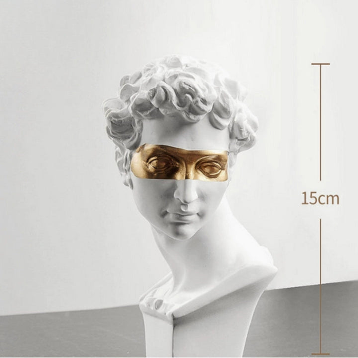 White David Bust Sculpture with gold eye mask 15cm size view