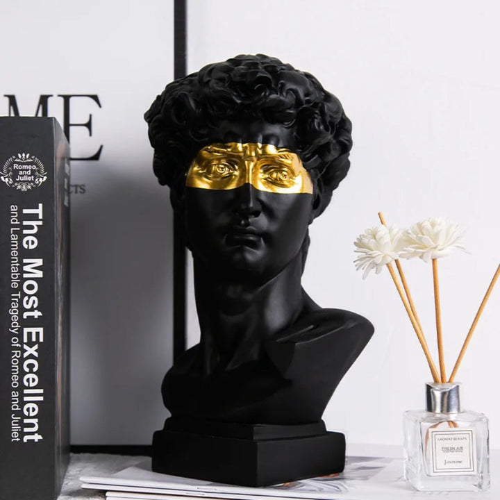 Black David Bust Sculpture with gold eye mask lifestyle