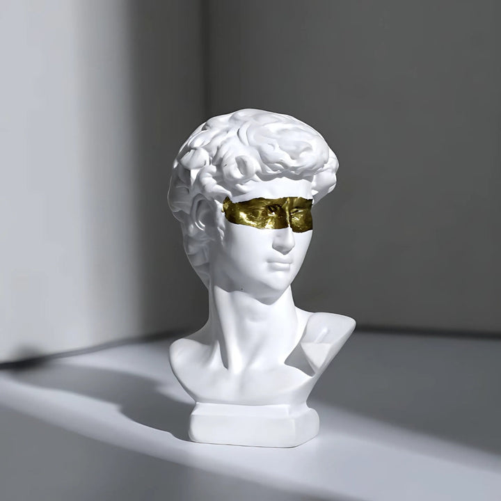 White David Bust Sculpture with gold eye mask angled view