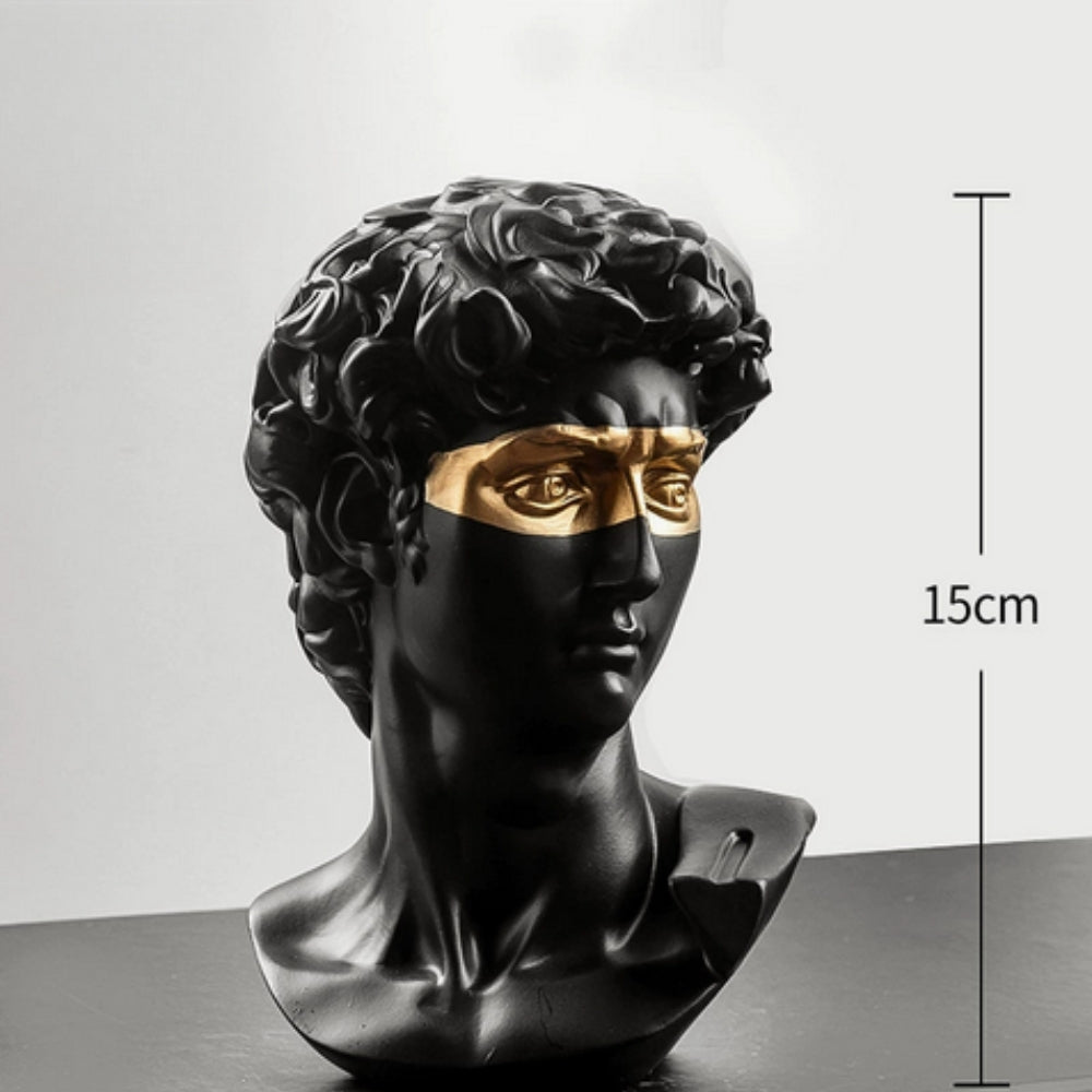 Black David Bust Sculpture with gold eye mask 15cm size view