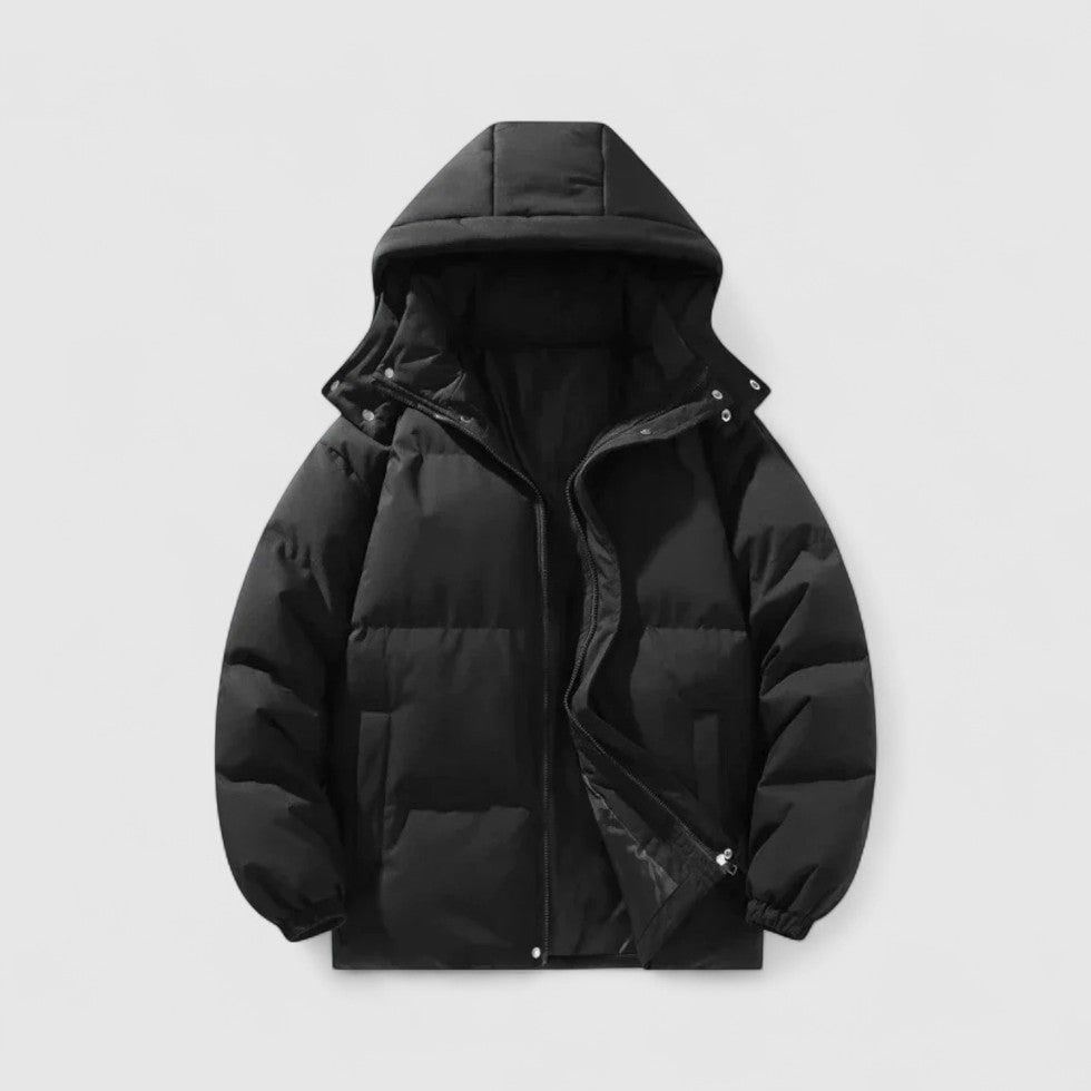 Black Detachable-Hood Puffer Jacket front view