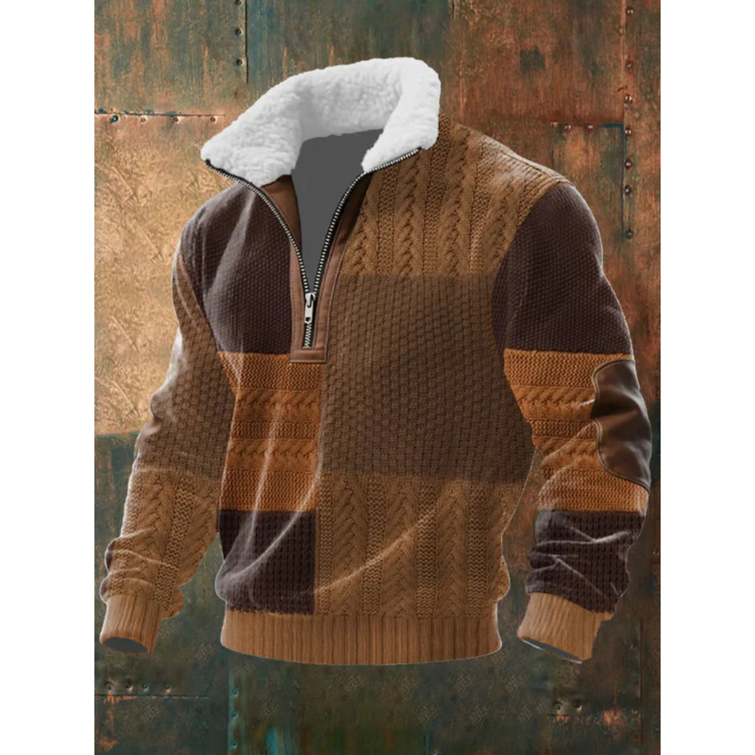 Dark Brown Diamond-Pattern Quarter Zip Sweater