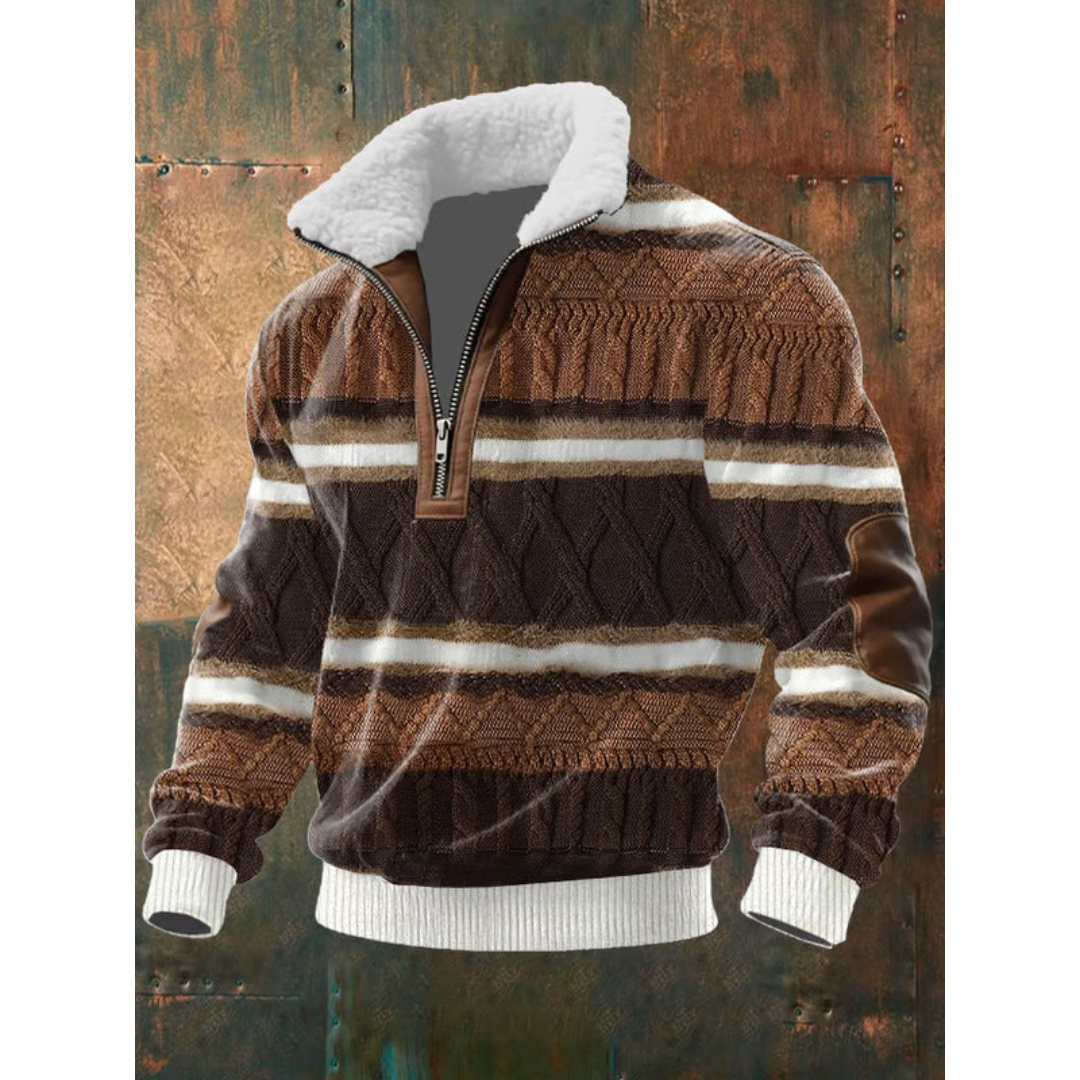 Brown & White Diamond-Pattern Quarter Zip Sweater