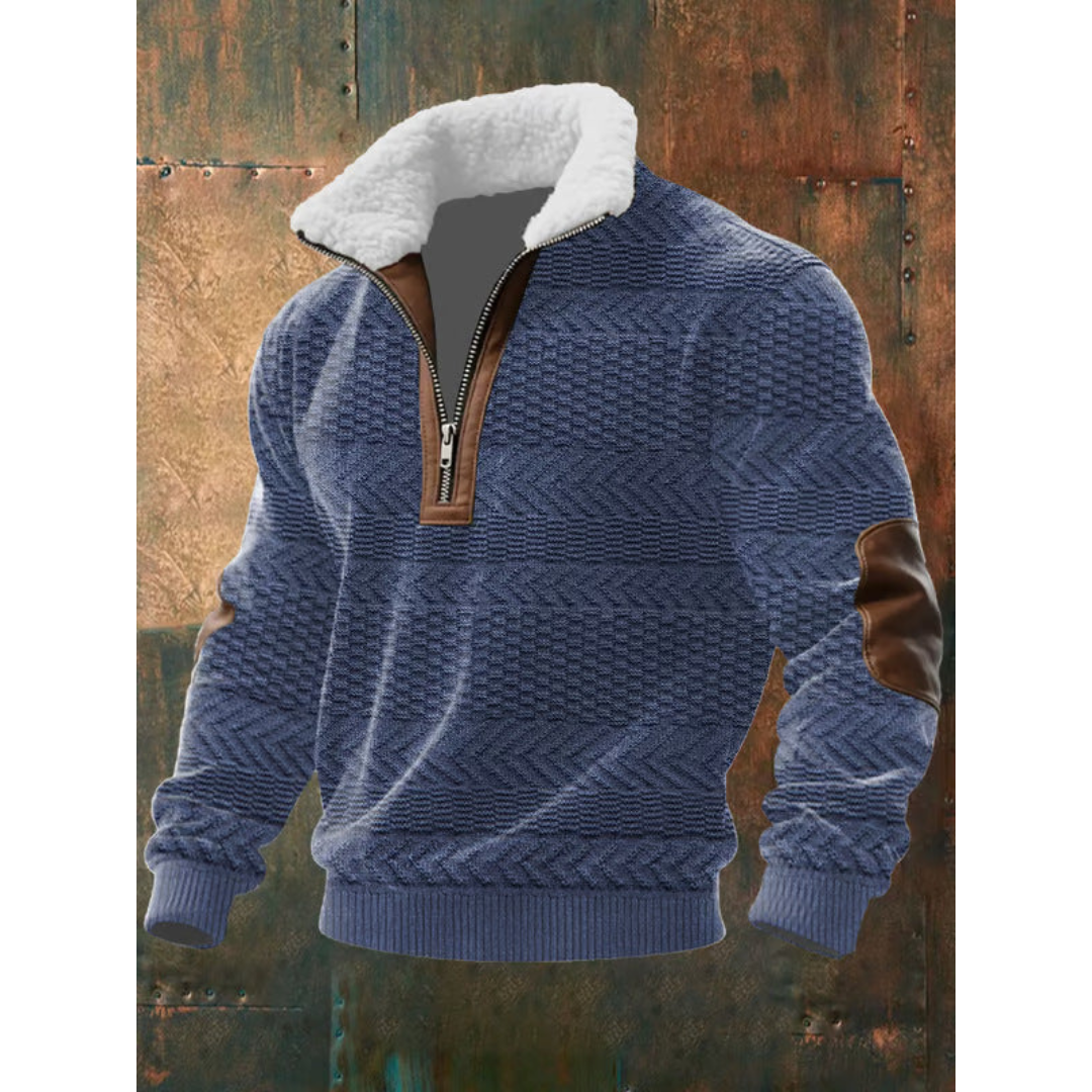 Blue Diamond-Pattern Quarter Zip Sweater