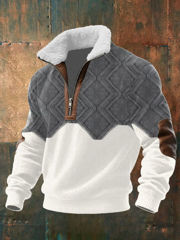 Gray & White Diamond-Pattern Quarter Zip Sweater