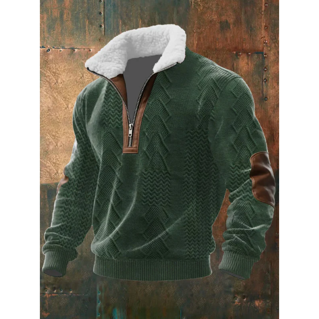 Green Diamond-Pattern Quarter Zip Sweater
