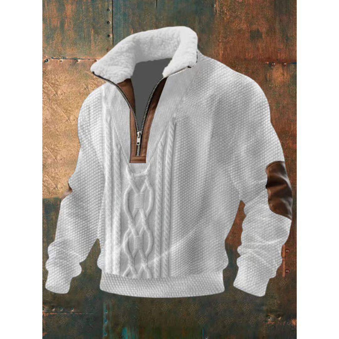 White Diamond-Pattern Quarter Zip Sweater