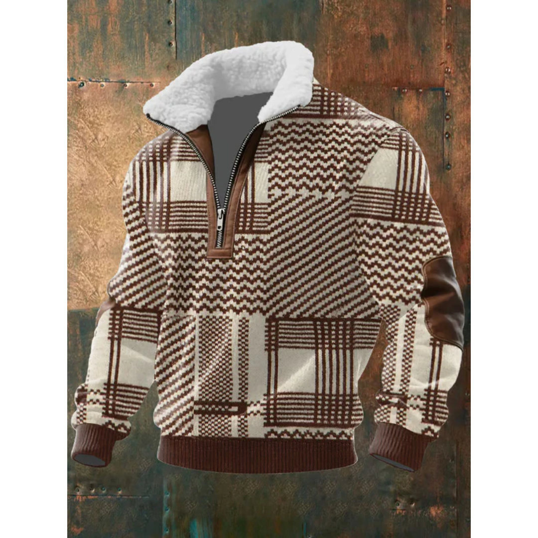Brown Diamond-Pattern Quarter Zip Sweater