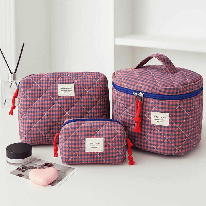 Quilted Travel Cosmetic Bag Set all three sizes