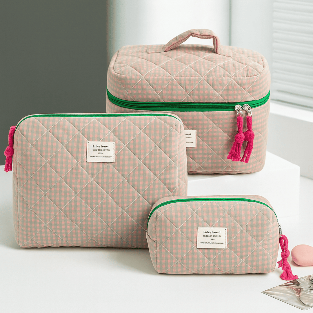 Quilted Cosmetic Bag Set diamond pattern detail
