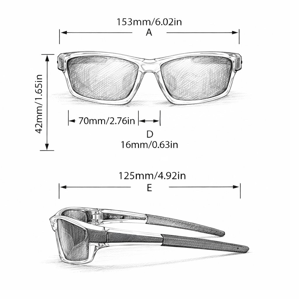 Square Polarized Fishing Sunglasses frame dimensions