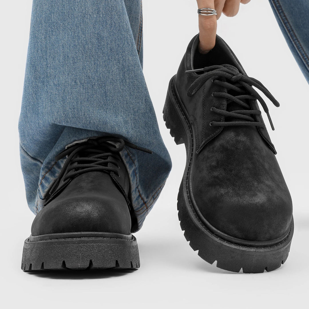 Distressed Lace-Up Derby Boots front view