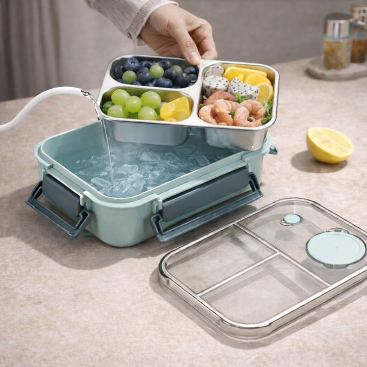 Divided Steel Lunch Container open compartments