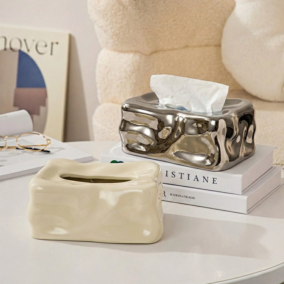 Modern Wavy Sculptural Ceramic Tissue Box Cover, Melting Design, Fluid Art Decor