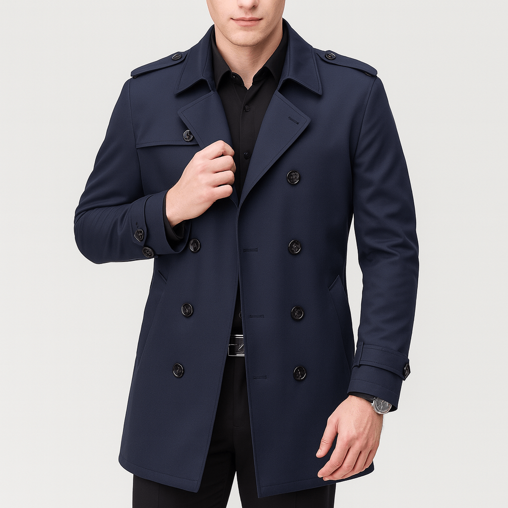 Navy Double-Breasted Trench Coat front view