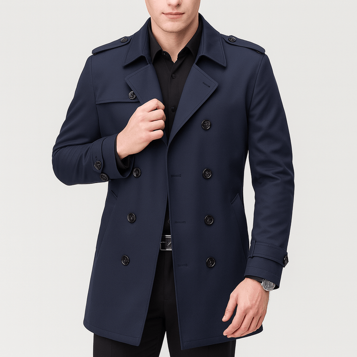 Navy Double-Breasted Trench Coat front view
