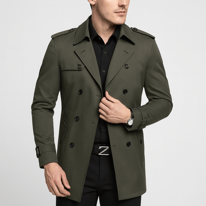 Green Double-Breasted Trench Coat front view