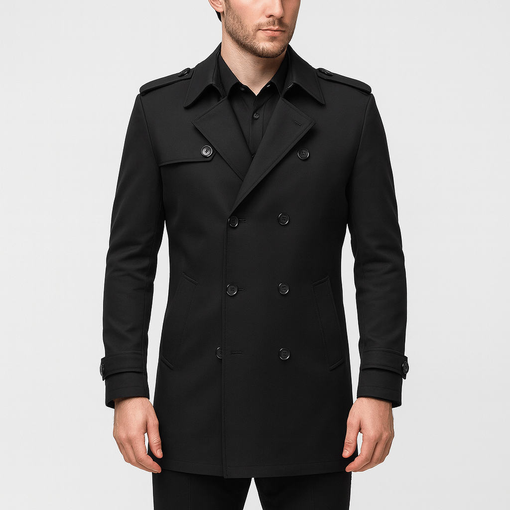 Black Double-Breasted Trench Coat front view