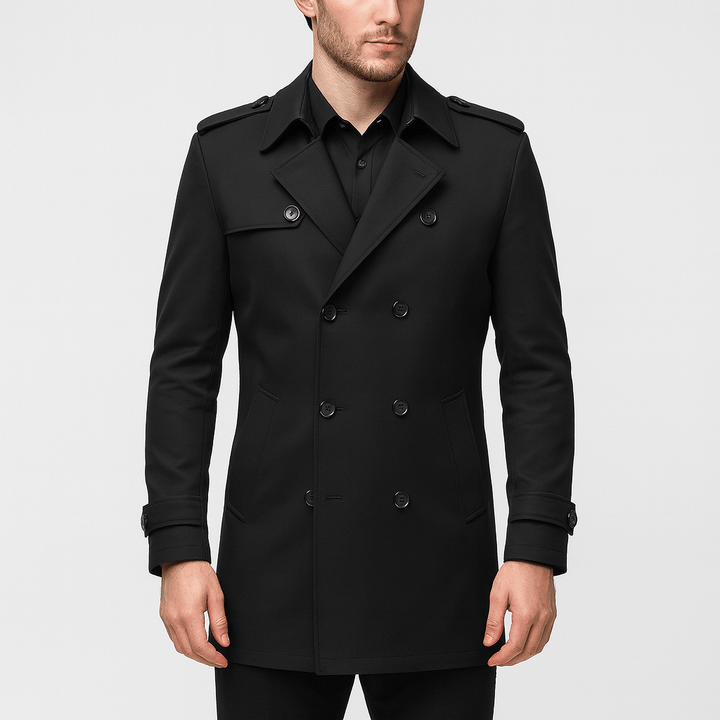 Black Double-Breasted Trench Coat front view