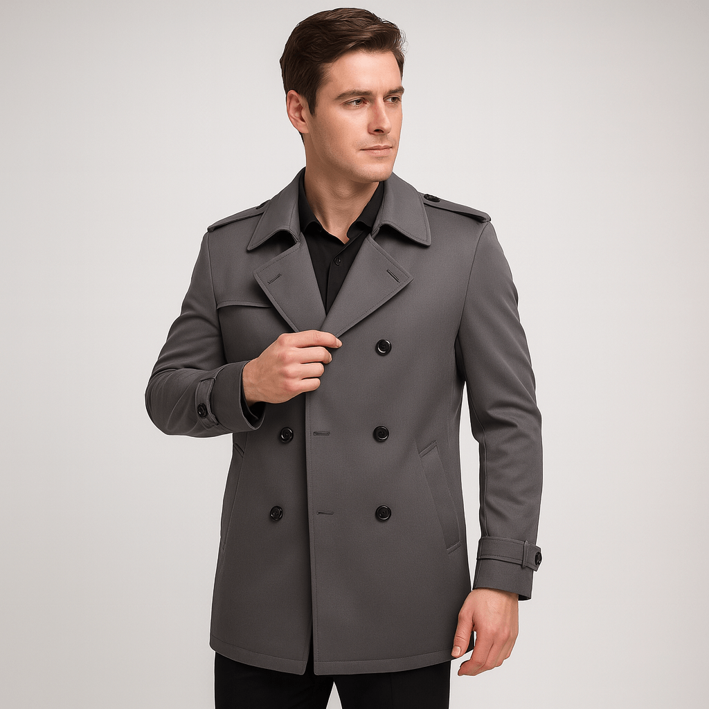 Gray Double-Breasted Trench Coat front view