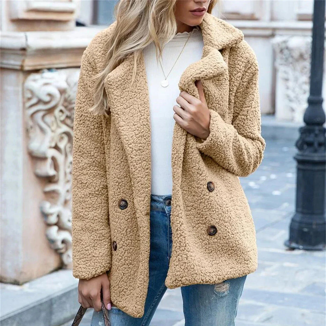 Beige Double-Breasted Teddy Fleece Coat worn front view
