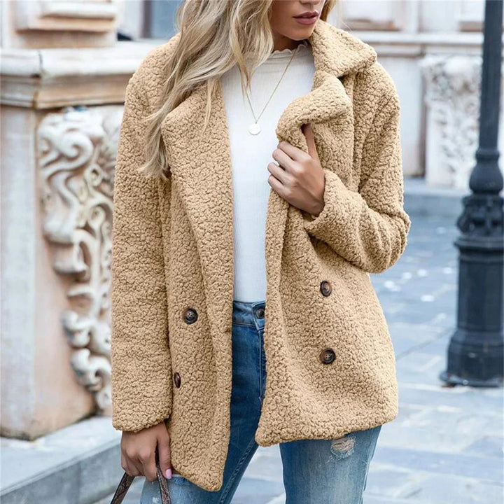 Beige Double-Breasted Teddy Fleece Coat worn front view