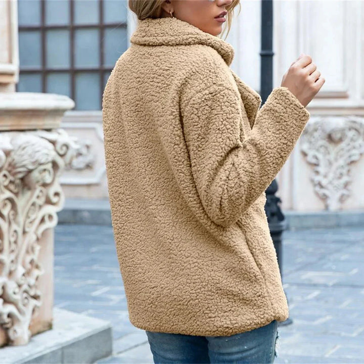 Beige Double-Breasted Teddy Fleece Coat worn side view