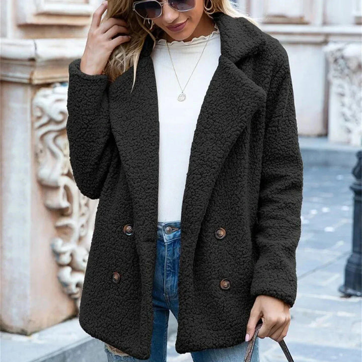 Black Double-Breasted Teddy Fleece Coat worn open front