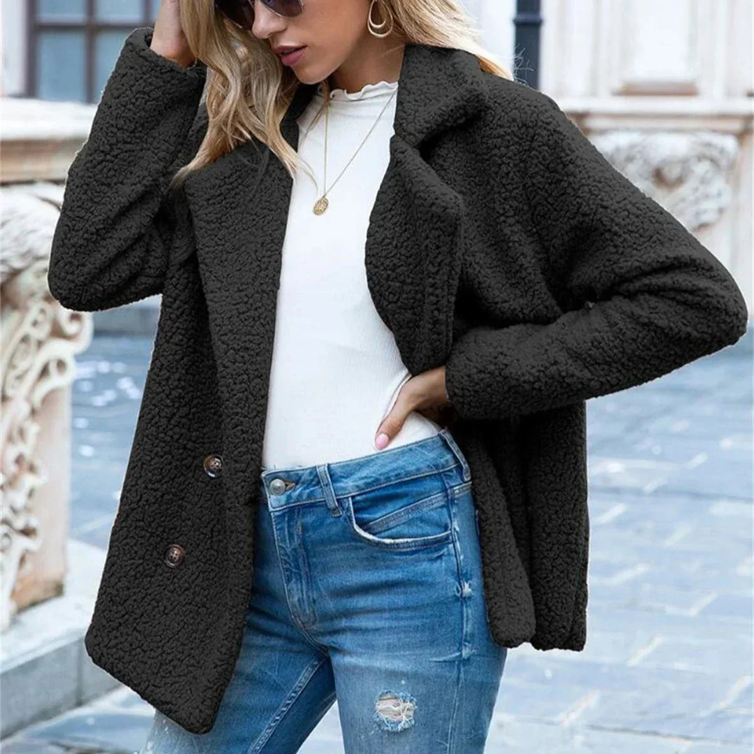 Black Double-Breasted Teddy Fleece Coat worn side view