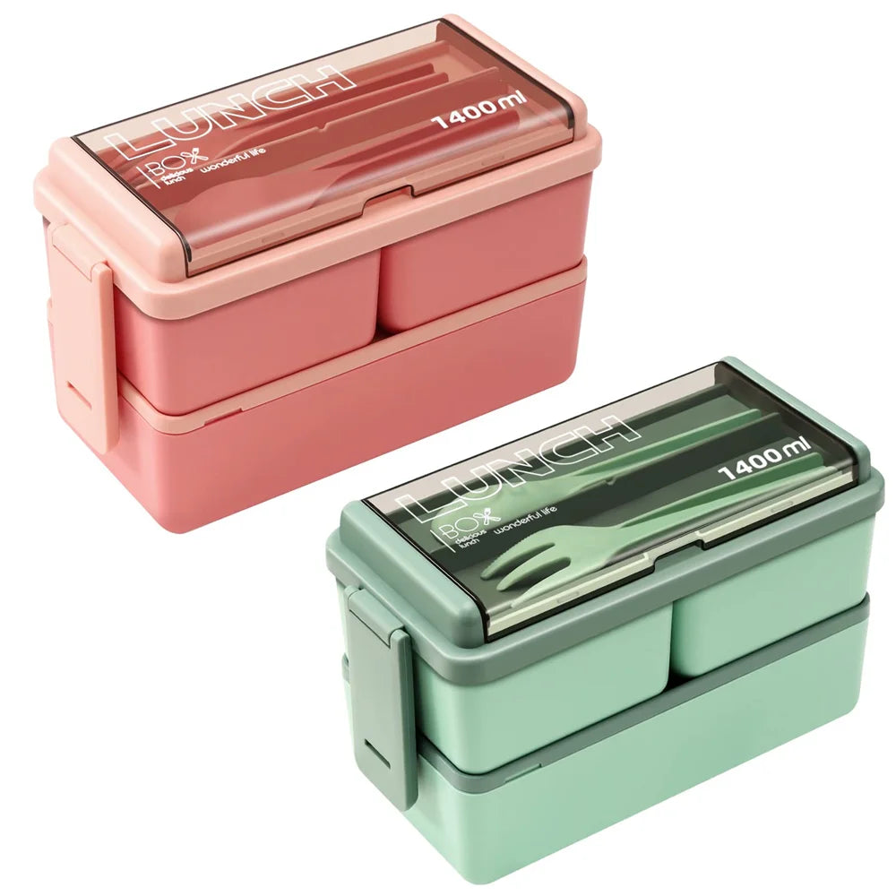 Double-Layer Bento Box with fork and spoon